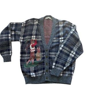 VTG Crossing Fine Line L Men Golfer Graphic Plaid Cardigan Sweater Blue and Gray